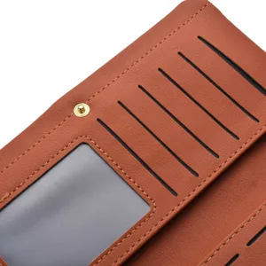 Brown leather long wallet with multiple card slots and clear ID window for women