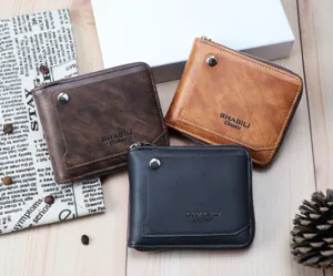 Men's short leather wallet with card holder, multi-functional vintage zipper coin purse detail view.