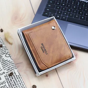 Men's short brown leather wallet with card slots, zipper coin pocket, and stylish design.