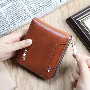 Men's short PU leather wallet with zipper closure and card slots in stylish brown finish.