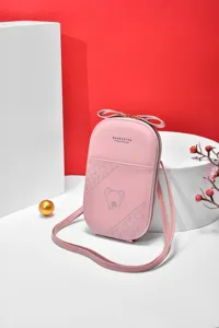 Cute pink phone crossbody bag with bow, PU leather cute girl shoulder bag for daily use.