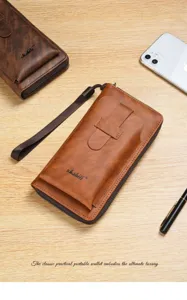 Men's brown long leather wallet with zip closure, wrist strap, and large capacity phone bag.