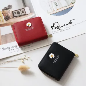 Women short zipper wallet with daisy flower decor, portable coin purse in red and black colors.