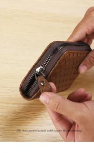 Close-up detail of brown woven leather short wallet zipper and texture craftsmanship.