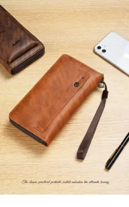 Men long wallet PU leather zipper clutch bag large capacity card holder with wrist strap