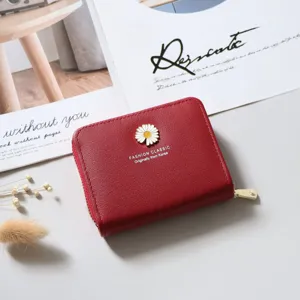 Red short women wallet with daisy metal charm zipper coin purse daily fashion card holder.
