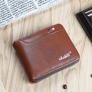 Men's brown vintage short zipper wallet with card slots and a classic design style.