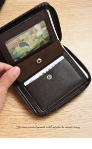 Men short zipper wallet leather card holder multi-slot classic brown purse detail view.