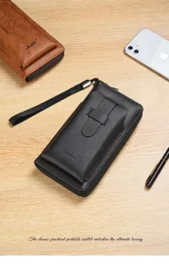 Detailed view of long leather wallet with phone pocket and wrist strap in neat setup.