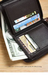 Men's short brown leather zipper wallet with multiple card slots and cash compartments