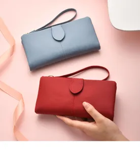 Korean style fashion long women wallet with wrist strap solid color large capacity purse