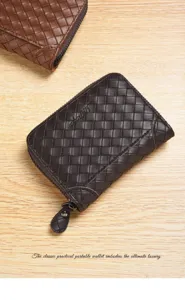 Men's short woven leather wallet with zipper closure, stylish multi-card capacity design.