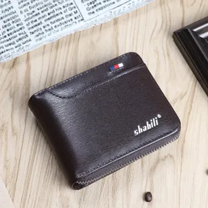Men's brown leather short zipper wallet with card slots and classic vintage design.