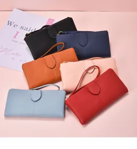 Women's long solid color wallet with wrist strap, multi-card slot zipper purse fashion.