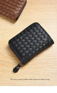 Men's short woven zipper wallet, soft leather card holder, large capacity classic luxury style.