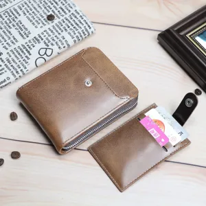 Herren Kurze Leder Geldbörse Set Vintage Braun Reißverschluss Kartenetui Retro Stil