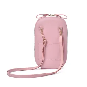 Pink cute phone bag sweet girl wallet zipper crossbody bag with bow detail fashion style