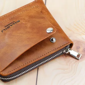 Men's short brown PU leather wallet with zipper closure card slot and classic casual design