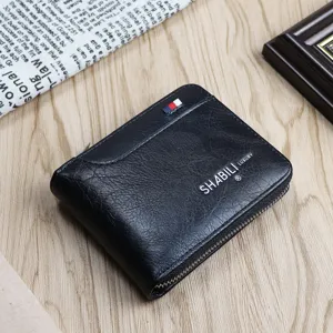 Men's black short zipper wallet PU leather card holder fashion compact coin purse detail view
