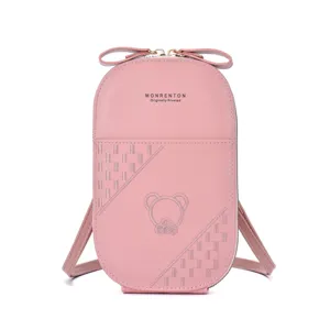 Pink cute PU leather cross-body phone bag for women with bow and cute bear embroidery.