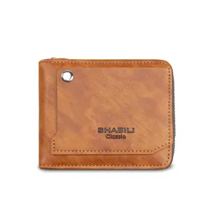 Brown men's short wallet with card slot zip pocket, stylish multifunctional faux leather purse.
