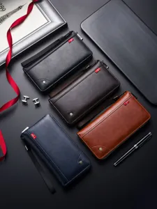 Men's long leather wallet business retro large capacity clutch multi card slots zipper purse