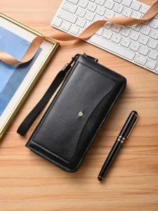 Portafoglio Lungo in Pelle PU da Uomo Grande Capacità Cerniera Lavoro Borsetta Pochette Multi-Scomparto