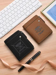 Men's short vertical leather wallet with zipper, multiple card slots, and mini coin purse.