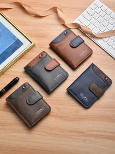 Men's short bifold wallet retro color-blocking buckle business casual card holder purse