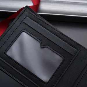 Men's short leather wallet business card holder with clear ID window and compact design.