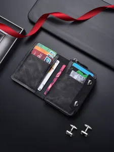 Men minimalist accordion card holder wallet with double snap button and large capacity design.