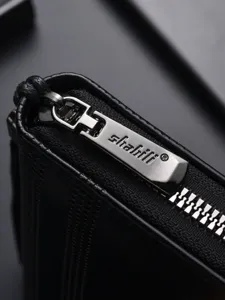 Men's black long wallet zipper clutch business casual purse with metallic zipper pull detail.