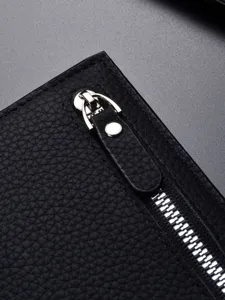 Portafoglio lungo uomo in pelle nera motivo litchie cerniera metallica stile business elegante