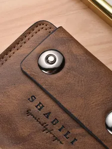 Men vintage brown PU leather card holder with snap button, slim wallet and ID case for daily use.