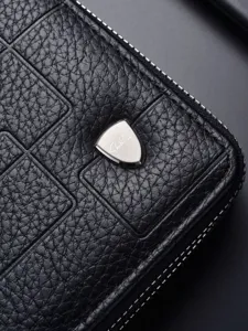 Cartera larga de cuero para hombre de alta calidad con doble cremallera y elegante logo.