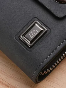 Portefeuille porte-cartes accordéon pour homme avec plaque logo en métal et fermeture éclair, PU gris.