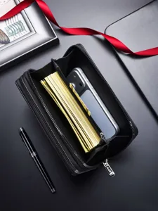 Billetera larga hombre con doble cremallera cartera de mano negocios gran capacidad color negro