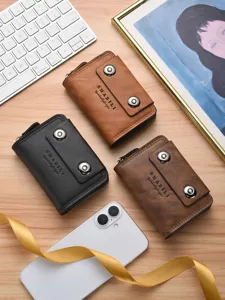 Men's double magnetic buckle accordion card holder leather wallet vintage multi-card case.