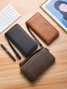 Portefeuille homme long en cuir PU zippé grand format avec dragonne et multi-fentes