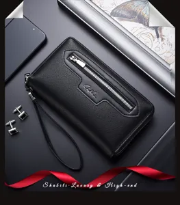 Schwarze Herren Leder Lange Geldbörse Doppelreißverschluss Business Handytasche Armband