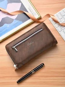 Herren Retro Lange PU Leder Brieftasche Doppelter Reißverschluss Große Kapazität Clutch Business Casual Handtasche Einfarbig Portemonnaie