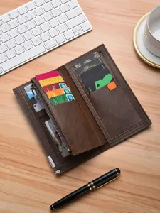 Men's long brown leather wallet with zipper, multiple card slots, slim business minimalist design.
