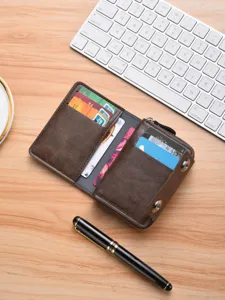 Men short retro leather wallet with double snap button, zipper coin pocket and card slots.