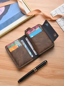 Herren Braunes PU Leder Kurze Akkordeon Brieftasche Kartenetui mit Doppelknöpfen