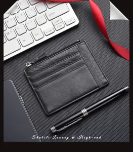 Genuine leather card holder short wallet with zipper coin pocket and multiple card slots.
