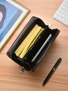 Mens vintage double zipper long wallet business casual clutch bag with large capacity storage.