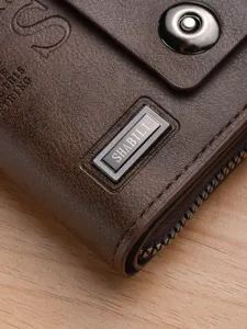 Men's short retro vintage leather wallet with double magnetic snap and zipper closure.