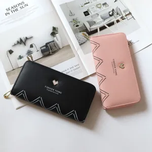 Women Long Wallet PU Leather Zipper Clutch Large Capacity Card Holder Fashion Solid Color Purse With Metal Heart Decor