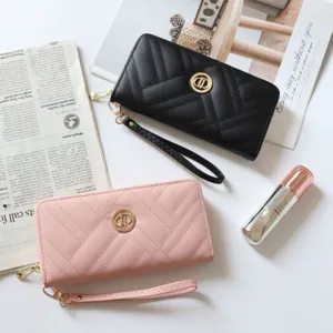 Damen Lange Geldbörse PU Leder Gesteppt Reißverschluss Clutch Tasche Große Kapazität Handy Tasche Klassisches Retro Design