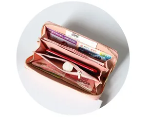 Pink women's long zipper wallet with large capacity, multiple card slots and phone pocket.